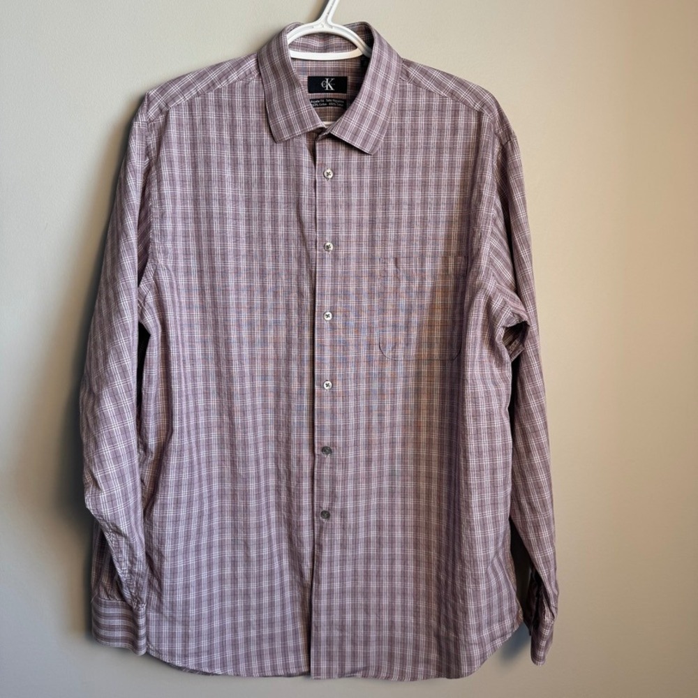 Calvin Klein Regular Fit Button Down Shirt Plaid Purple White Mens 16.5 Preppy